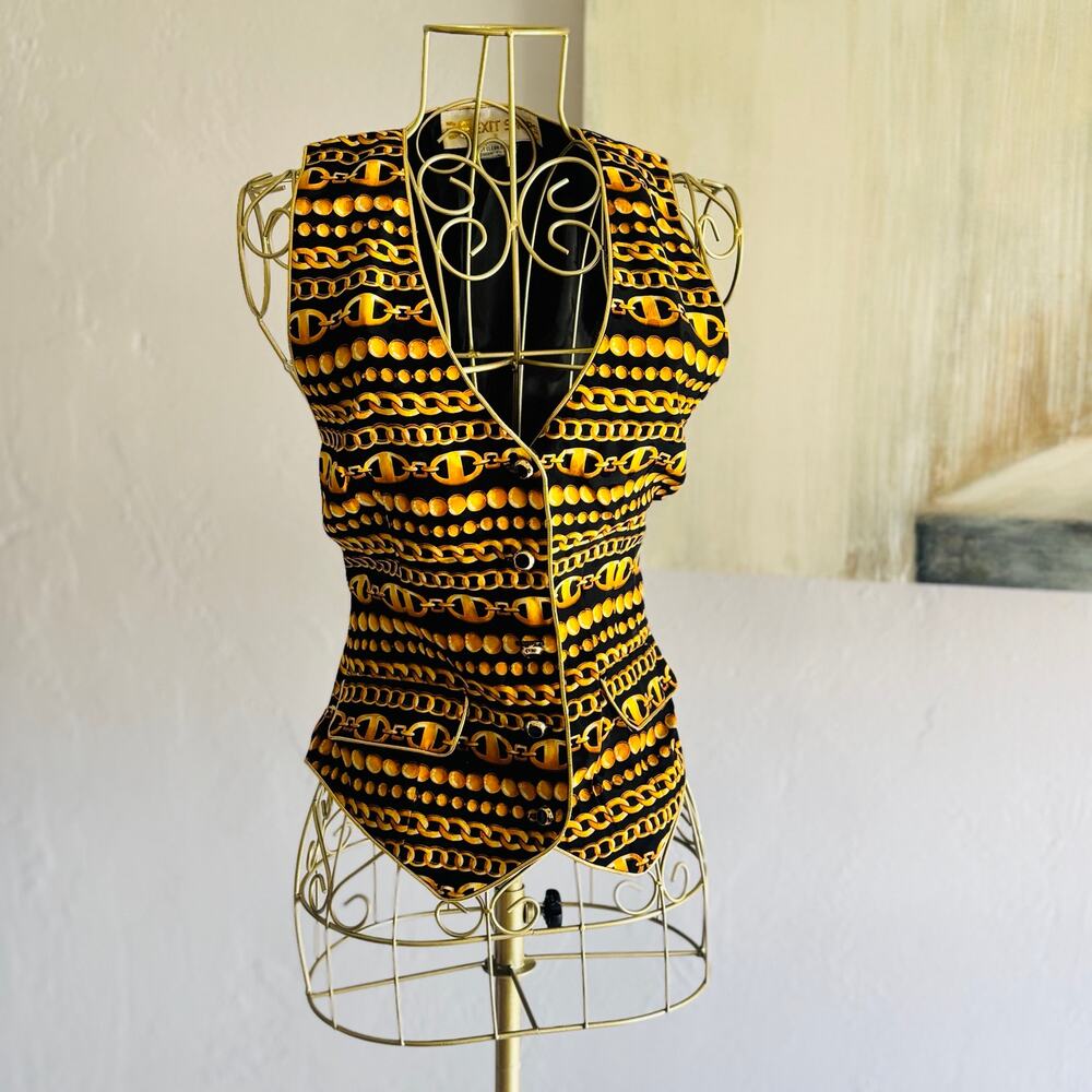 Exit Shops 100% Silk Vest Black Gold Equestrian Chain Print Small